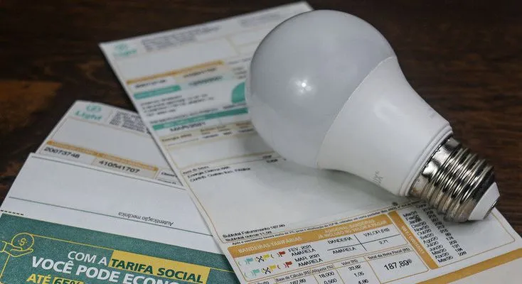 Conta de luz com a tarifa social e lâmpada, representando a economia gerada pela medida.