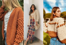 Mulheres usando peças de crochê como cardigãs e saia midi em looks de outono/inverno