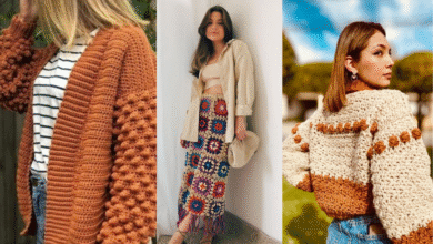 Mulheres usando peças de crochê como cardigãs e saia midi em looks de outono/inverno