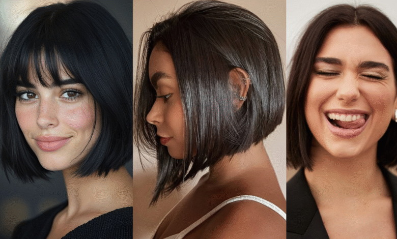Mulheres com corte blunt bob em diferentes estilos: com franja, reto e levemente assimétrico