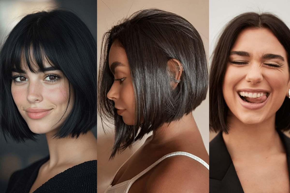 Mulheres com corte blunt bob em diferentes estilos: com franja, reto e levemente assimétrico