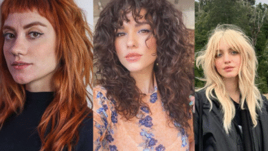 Três mulheres com variações do corte shaggy com franja em diferentes tipos de cabelo