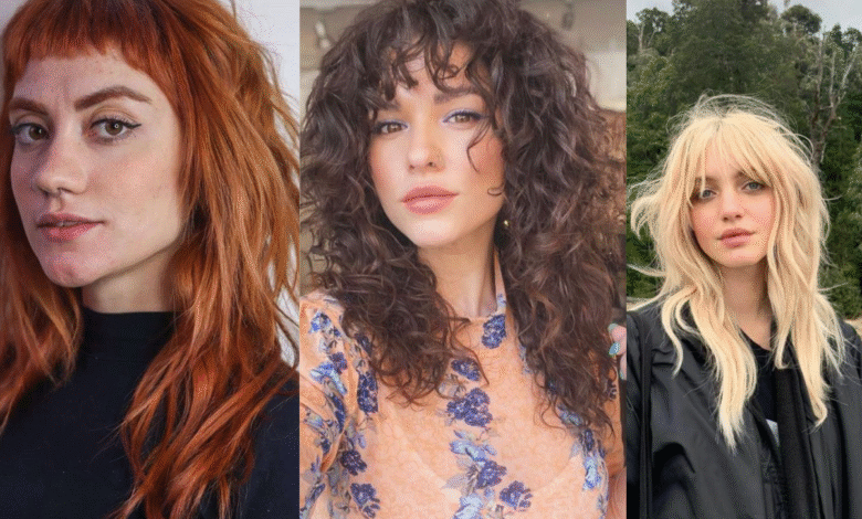 Três mulheres com variações do corte shaggy com franja em diferentes tipos de cabelo