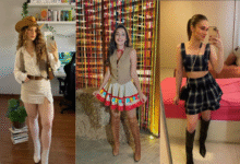 Inspirações de looks femininos para festa junina 2025 com diferentes estilos de xadrez, saias e botas