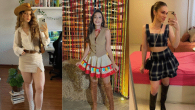 Inspirações de looks femininos para festa junina 2025 com diferentes estilos de xadrez, saias e botas