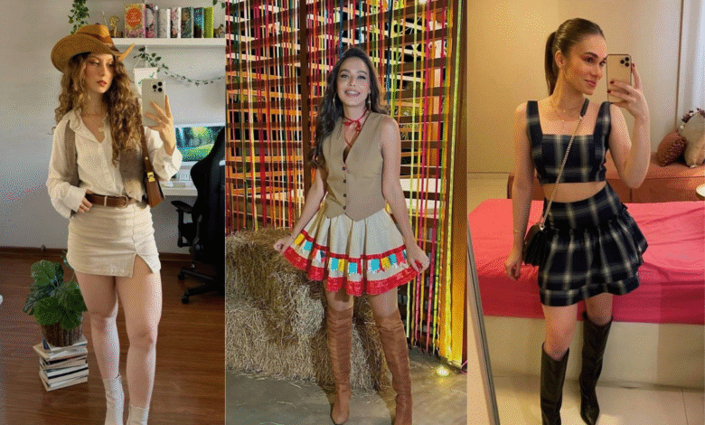 InspiraçÔes de looks femininos para festa junina 2025 com diferentes estilos de xadrez, saias e botas