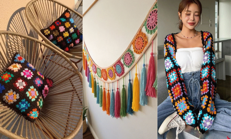 Três ideias de peças de crochê coloridas: almofadas, painel decorativo com franjas e cardigan de squares