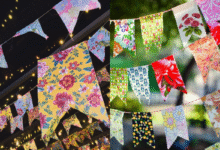 Bandeirinhas coloridas de tecido decorando ambiente interno e externo em festa junina.