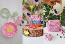 Três modelos de bolsas de crochê infantil com designs criativos e coloridos