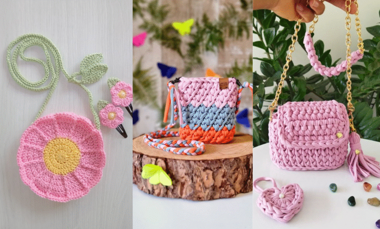 TrĂȘs modelos de bolsas de crochĂȘ infantil com designs criativos e coloridos