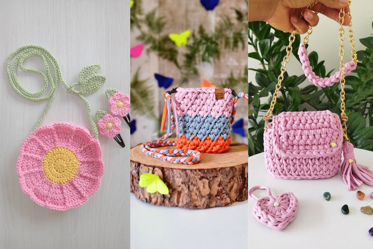 Três modelos de bolsas de crochê infantil com designs criativos e coloridos
