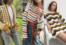 Três looks femininos com peças de crochê: casaco, blusa cropped e vestido, ideais para o outono/inverno 2025