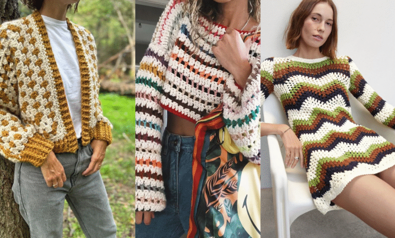 Três looks femininos com peças de crochê: casaco, blusa cropped e vestido, ideais para o outono/inverno 2025