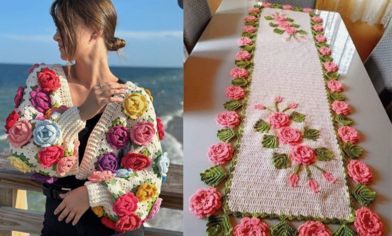 Peça de crochê com flores coloridas, exibindo um estilo moderno e artesanal, perfeito para decorações e moda.