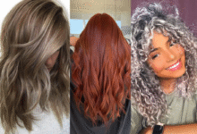 Trio de mulheres com diferentes tons de cabelo: loiro mel, ruivo vibrante e cabelo cacheado grisalho, representando a diversidade de cores de cabelo em alta.