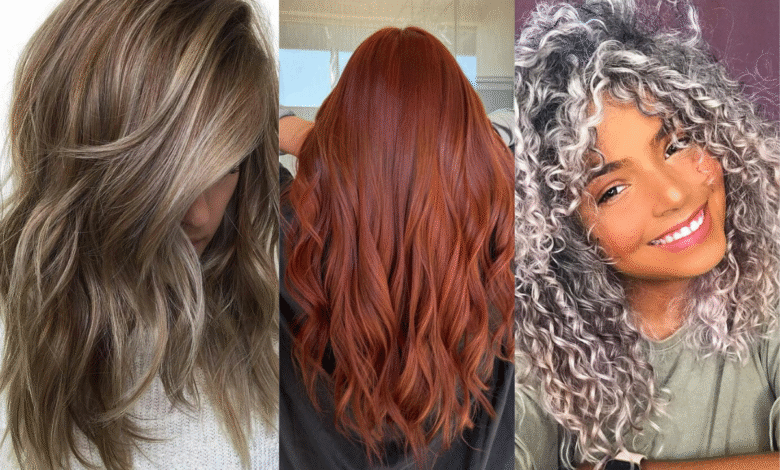 Trio de mulheres com diferentes tons de cabelo: loiro mel, ruivo vibrante e cabelo cacheado grisalho, representando a diversidade de cores de cabelo em alta.