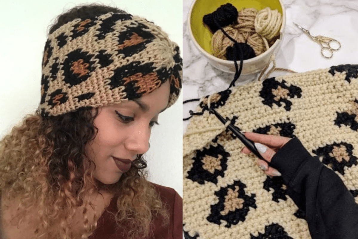 Faixa de crochê com estampa animal print usada no cabelo e detalhe do processo artesanal