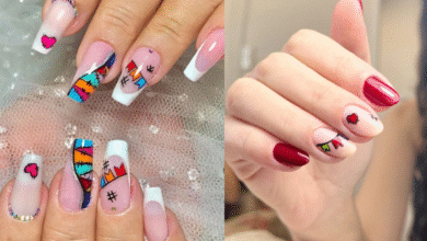 Unhas decoradas com tema junino, corações, bandeirinhas e cores vibrantes