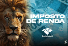 Imagem com leão, cédulas de real ao fundo e logo da Receita Federal representando o Imposto de Renda 2025