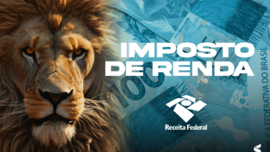 Imagem com leão, cédulas de real ao fundo e logo da Receita Federal representando o Imposto de Renda 2025