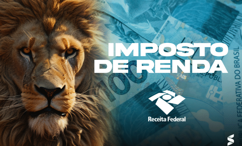 Imagem com leão, cédulas de real ao fundo e logo da Receita Federal representando o Imposto de Renda 2025