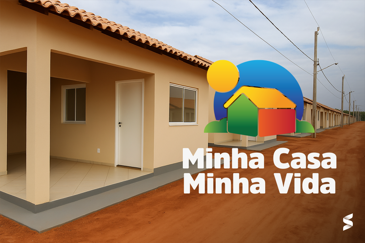 Imagem de uma casa no programa Minha Casa, Minha Vida, com fachadas coloridas e um céu claro.