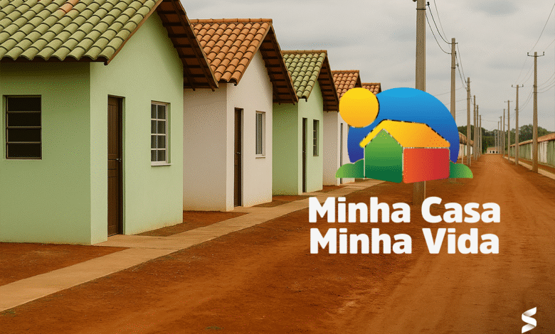 Casas populares do programa Minha Casa, Minha Vida com logo oficial sobreposto