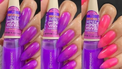 Unhas que mudam de cor com esmalte termocrômico – transformação de roxo para rosa.