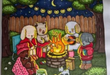 Animais com roupas de inverno em volta da fogueira, assando marshmallows em uma noite estrelada.