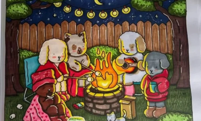 Animais com roupas de inverno em volta da fogueira, assando marshmallows em uma noite estrelada.
