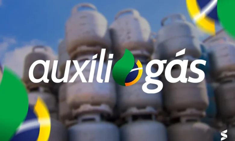 Imagem com o logo do Auxílio Gás sobre botijões de gás, representando o benefício de apoio financeiro.