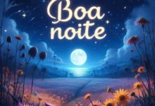 Imagem de boa noite com flores e lua, desejando uma semana repleta de paz e felicidade.