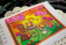 Ilustração colorida de dois ursinhos pintando ao ar livre, sob flores de cerejeira com o pôr do sol ao fundo, representando a importância da arte na redução de estresse.