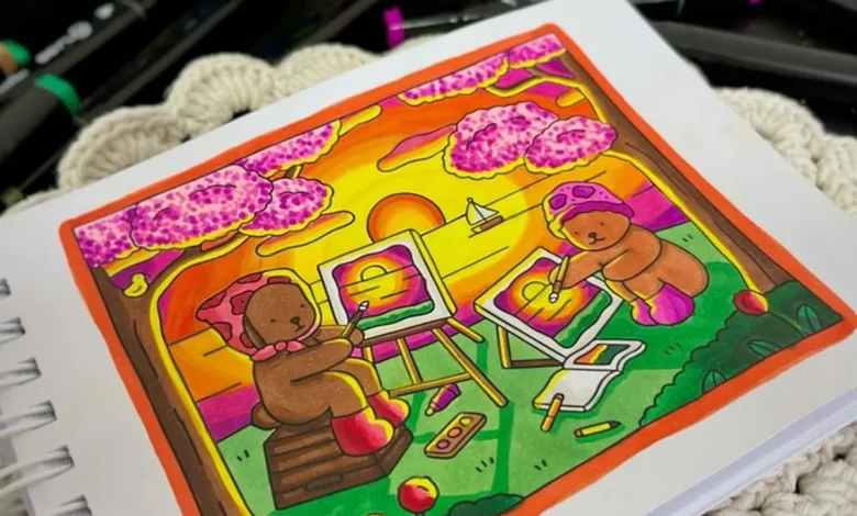 Ilustração colorida de dois ursinhos pintando ao ar livre, sob flores de cerejeira com o pôr do sol ao fundo, representando a importância da arte na redução de estresse.
