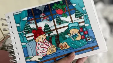 Imagem de uma técnica de colorir para relaxamento, com ursinhos em um cenário de inverno.