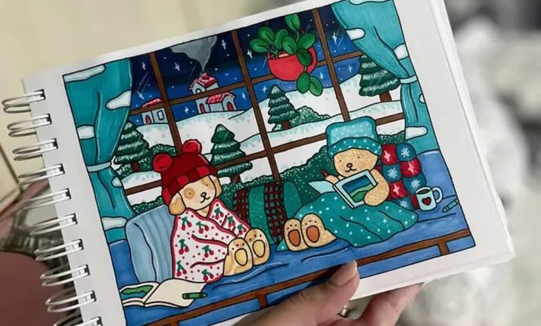 Imagem de uma técnica de colorir para relaxamento, com ursinhos em um cenário de inverno.