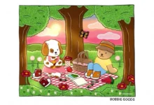 Ilustração de um cachorro e um ursinho fazendo um piquenique colorido no campo com flores, árvores e céu ao entardecer, com técnicas criativas de pintura.