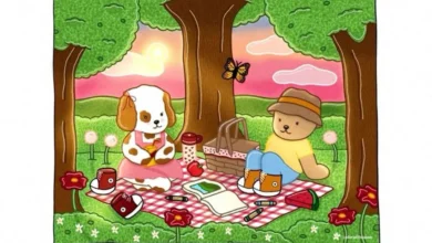Ilustração de um cachorro e um ursinho fazendo um piquenique colorido no campo com flores, árvores e céu ao entardecer, com técnicas criativas de pintura.