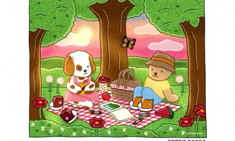Ilustração de um cachorro e um ursinho fazendo um piquenique colorido no campo com flores, árvores e céu ao entardecer, com técnicas criativas de pintura.