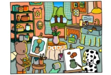 Cena colorida de um urso e um cachorro pintando quadros em um estúdio de arte acolhedor com prateleiras e janelas abertas.