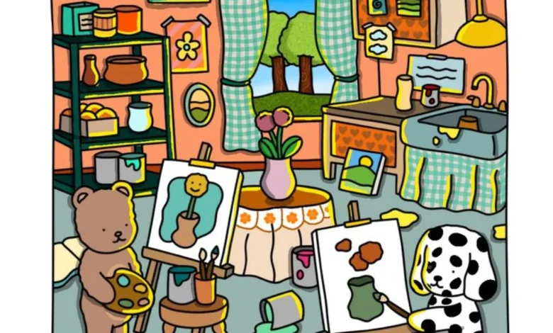Cena colorida de um urso e um cachorro pintando quadros em um estĂșdio de arte acolhedor com prateleiras e janelas abertas.