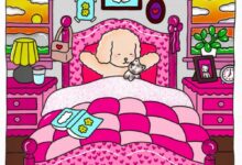 Desenho colorido do quarto da personagem Bobbie Goods com decoração rosa e detalhes de pelúcia