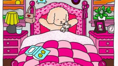 Desenho colorido do quarto da personagem Bobbie Goods com decoração rosa e detalhes de pelúcia