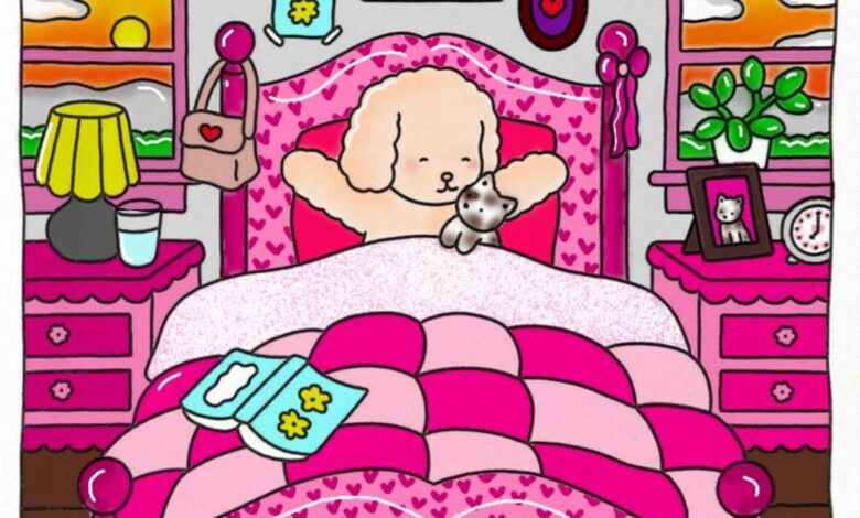 Desenho colorido do quarto da personagem Bobbie Goods com decoração rosa e detalhes de pelúcia