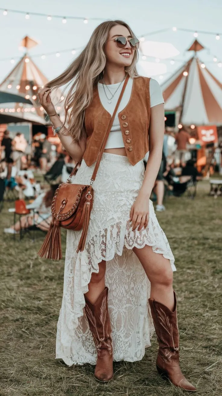 Mulher com look boho, usando colete de camurça, saia de renda e botas de cowboy, sorrindo em festival ao ar livre