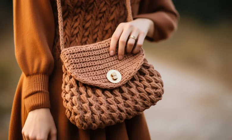 Bolsa de crochĂȘ marrom com alça, usada por mulher com vestido de tricĂŽ