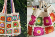 Bolsas de crochê com quadradinhos coloridos em estilo artesanal