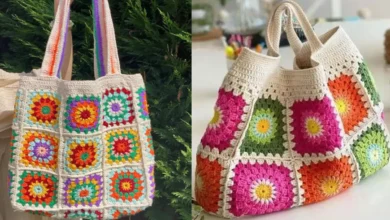 Bolsas de crochê com quadradinhos coloridos em estilo artesanal