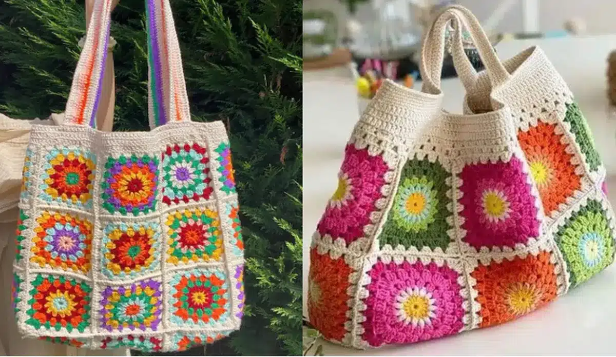 Bolsas de crochê com quadradinhos coloridos em estilo artesanal