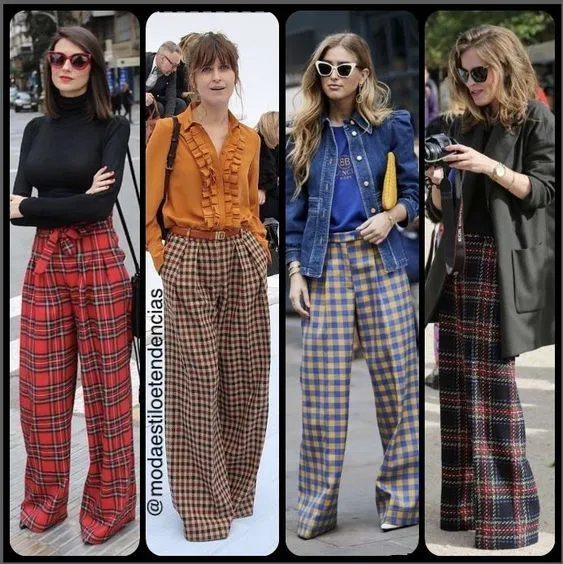 Quatro mulheres usando calças largas xadrez em diferentes padrões, combinadas com blusas e acessórios estilosos.